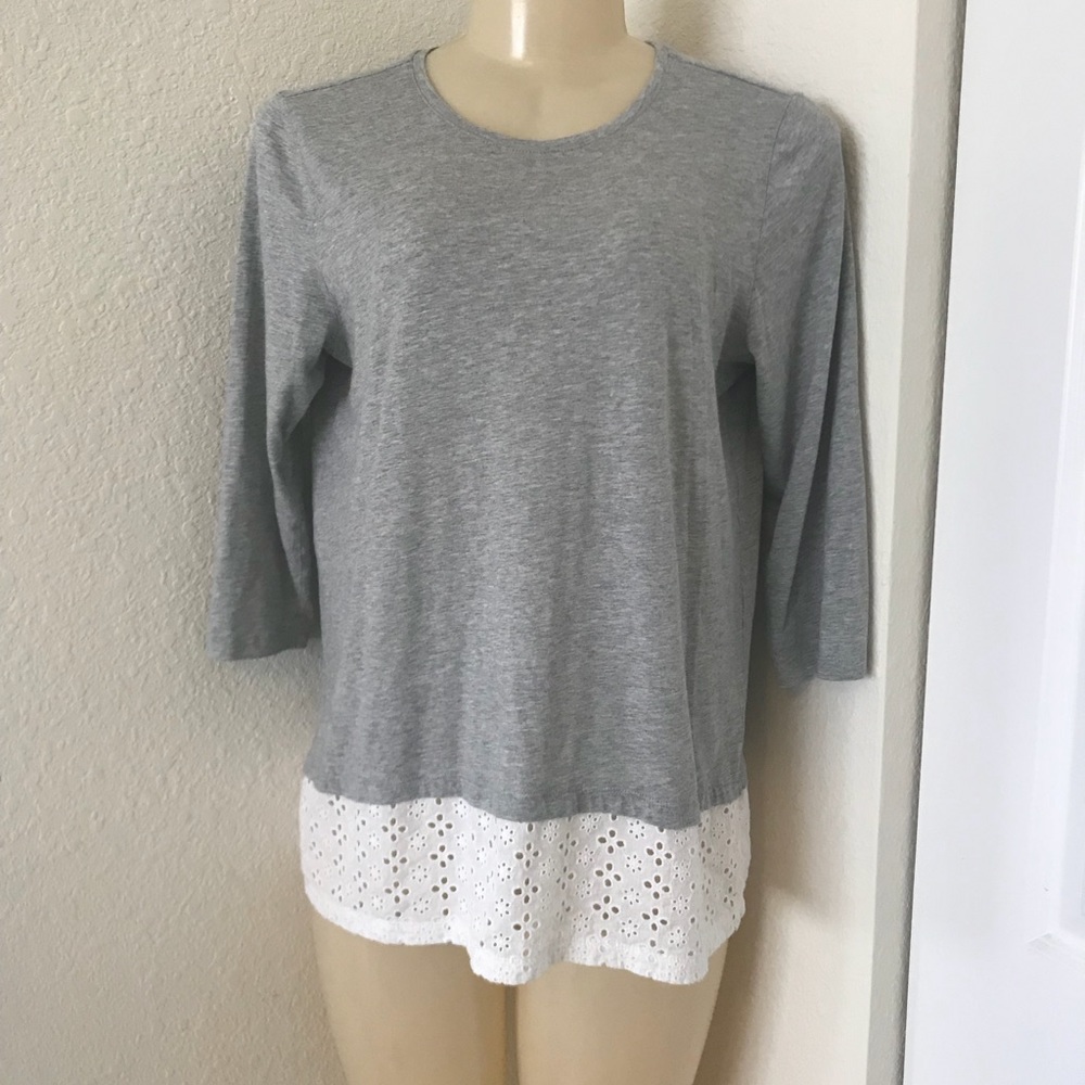 J. Jill Heather Gray Modal White Eyelet Hem Top